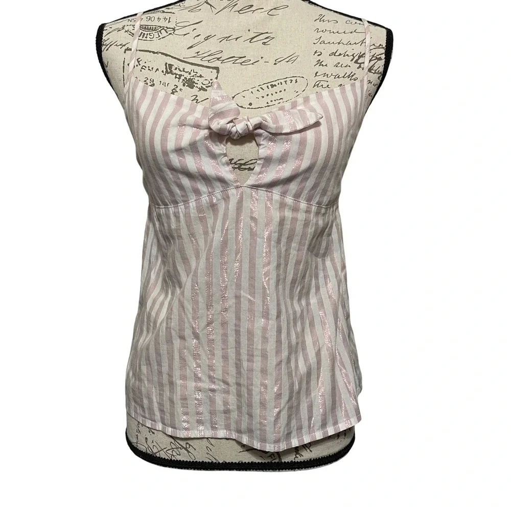 Victoria's Secret Camisole Women M Pink Stripe Metallic Tie Front Coquette Y2K‎